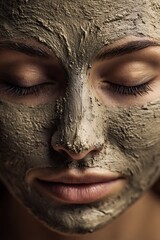 Portrait of a woman with a thick layer of mineral mud mask on her face, concept of professional skin care and home beauty routine
