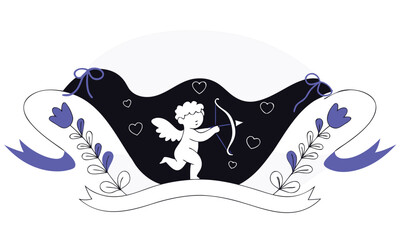 Obraz premium Cupid love vector illustration with Bow and Heart pattern. Romantic decorative line art banner for valentine's day. Wedding invitation. Branding and social media design.