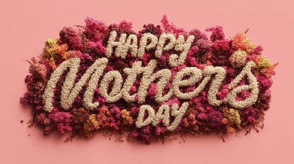 Mothers Day, Valentines Day, love holiday theme. A vibrant display of flowers arranged to spell out the phrase Happy Mothers Day against a soft pink background.