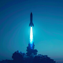 Low Resolution Rocket Launching with Bright Flame Against Dark Blue Sky