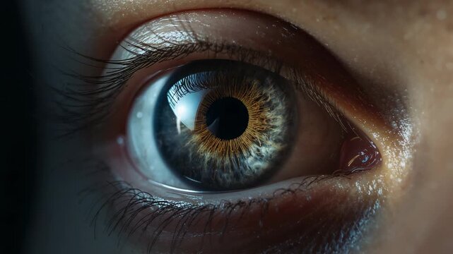 Recording right eye making microsaccades in studio closeup, showing iris, pupil, corneal highlight