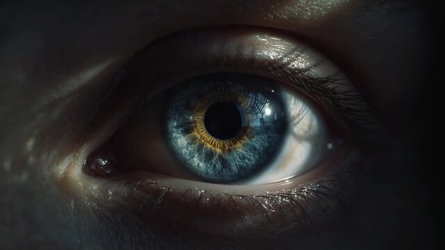 Responding to studio light human eye narrowing pupil, shifting corneal glare, drifting tears