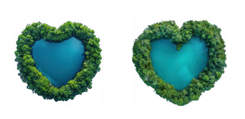 Two lush heart shapes formed by vibrant green foliage surrounding a clear blue center on transparent background