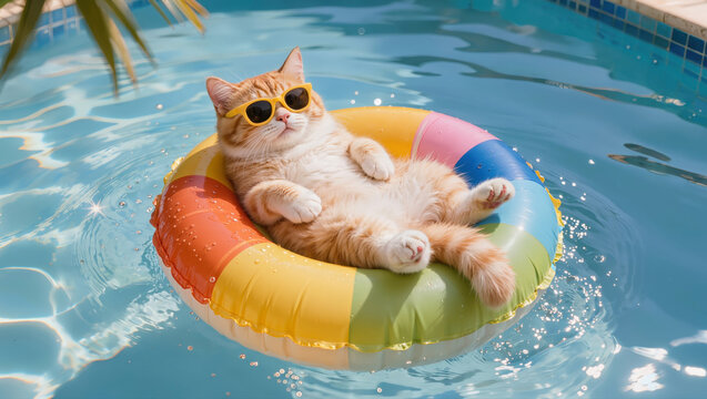 Funny cat wearing sunglasses lounging on a colorful inflatable ring in a swimming pool on a sunny summer day