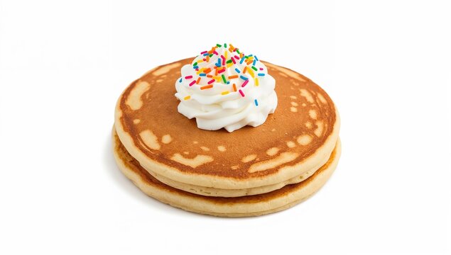 Single pancake with whipped cream and rainbow sprinkles on white background, dessert concept, colorful breakfast trend