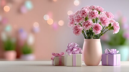 Mothers Day, Valentines Day, love holiday theme. A still life of a vase filled with vibrant pink carnations, accompanied by several gift boxes adorned with ribbons.
