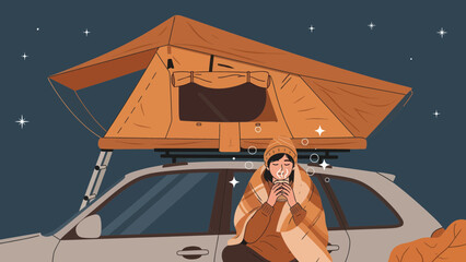 Cozy Camping Experience With Rooftop Tent And Warm Drink Under Starry Skies