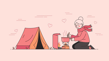 Cozy Camping Illustration With Cooking Over A Camping Stove And Tent