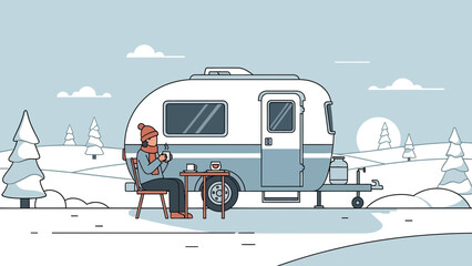 Cozy Winter Camping Retreat With Camper Van And Hot Beverage Illustration