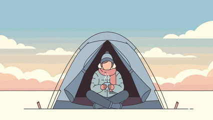 Cozy Winter Camping Morning Woman Sits In Tent Holds Cup Of Tea