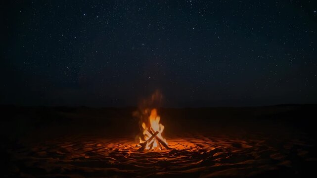 Camera filming campfire flickering on sandy plain at night, tepee logs emitting thin smoke plume