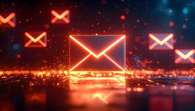 Icono de correo electr&oacute;nico brillante con sobres digitales en entorno tecnol&oacute;gico oscuro