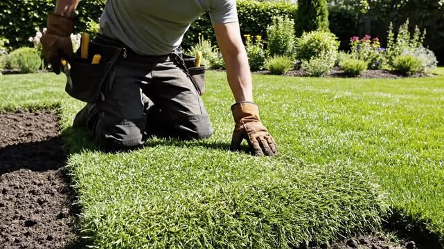 Gardener laying down fresh sod roll on prepared soil for lawn installation