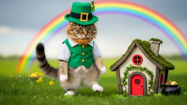 Patrick's Day Cute cat dressed as leprechaun standing beside small house with pot of gold under rainbow