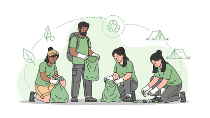 Dedicated Volunteers Collecting Waste Outdoors For Eco Friendly Sustainable Planet