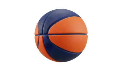 Professional basketball ball spinning with blue and orange panels isolated on transparent background