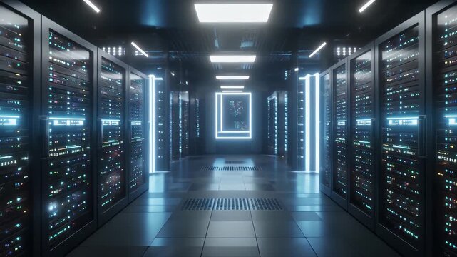 Illuminated Server Room Corridor With Rows Of Data Racks And Blue Neon Lights In Futuristic Data Center