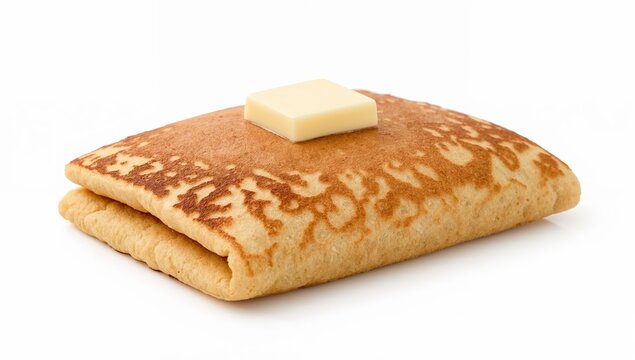 Vegan glutenfree pancake folded into quarters with melting vegan butter pat on top isolated on white background