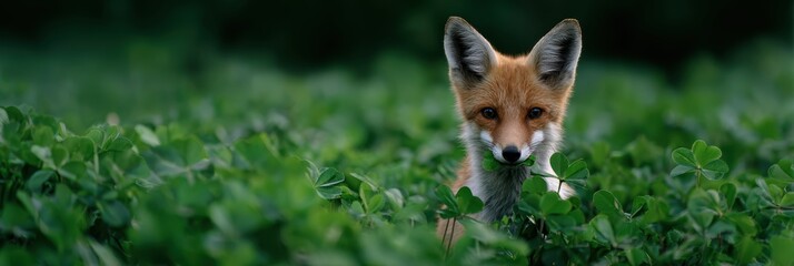 nature photography, cinematic wildlife web banner captures a red fox in lush clover at dawn, with moody diffused light and rich green tones