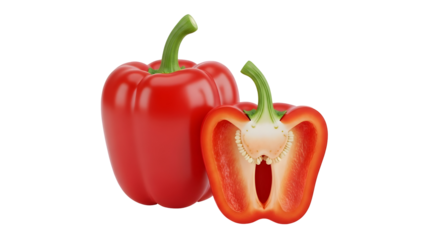 Fresh red bell peppers whole and halved with seeds isolated on transparent background