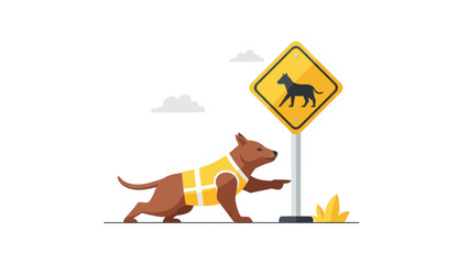 Dog Safety Sign with Animal Wearing A Reflective Vest Illustration