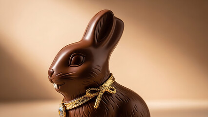 Chocolate Bunny: A close-up shot of a meticulously crafted chocolate bunny, adorned with a decorative collar and set against a soft, gradient backdrop, embodies the spirit of Easter