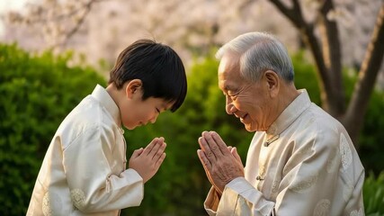 Heartfelt generational connection: young boy and elderly man share respectful bow and joyful interaction