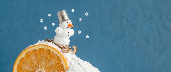 Surreal snowman skiing on powdery sugar with an orange slice whimsical dessert scene playful environment quirky viewpoint emphasizing silliness and imagination