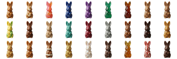 Colorful chocolate bunnies arranged in rows for Easter celebration, isolated photorealistic images on a transparent background, collection, set, seamless pattern  