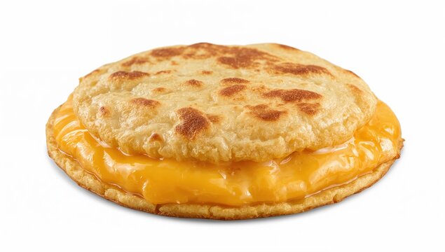 Single venezuelan cachapa with thick yellow corn base and melted cheese filling, crispy borders, isolated on white background