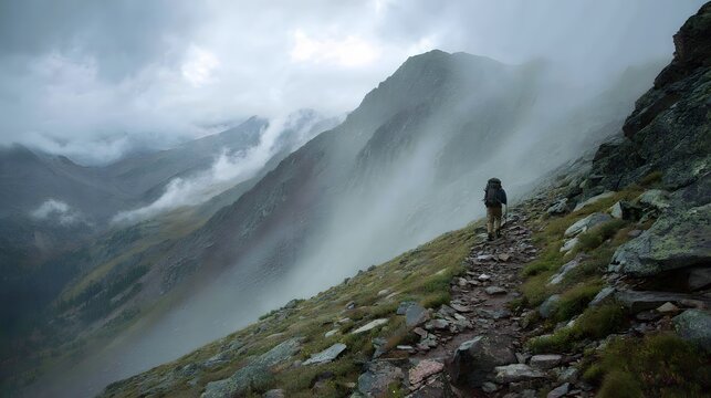 A lone climber makes his way up a rocky mountain path to a majestic peak, illuminated by dramatic sunlight.