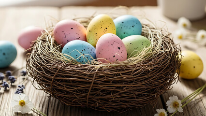 Easter Eggs in Nest: Vibrant pastel-colored eggs nestled in a rustic, woven nest, evoking the joy and renewal of springtime, set against a backdrop of sun-kissed wood.