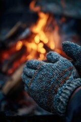 Obraz premium Two blue knitted gloves held close to a blazing campfire. Concept Blue knitted gloves, Campfire warmth, Nighttime outdoors, Cozy glow, Hand warmth by fire