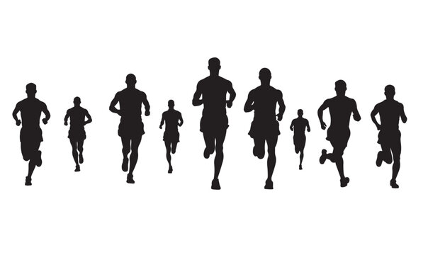 Group of running people silhouette: Front view of marathon race crowd