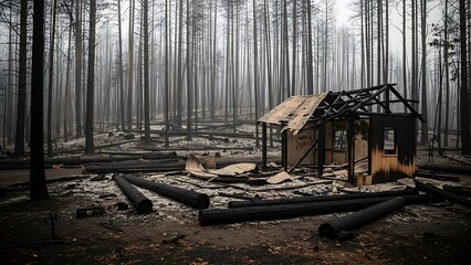 Burned wooden cabin in a charred forest with standing dead trees and scattered debris burned cabin