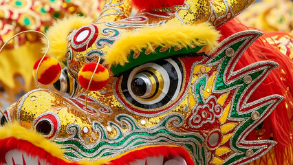 Dragon Head: A close-up view of a vibrant dragon head, exquisitely crafted with intricate details and colors, symbolizes power and good fortune.