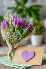 Mothers Day, Valentines Day, love holiday theme. A bouquet of vibrant purple tulips tied with a rope, accompanied by a heartshaped card placed on a green cloth atop a wooden surface.