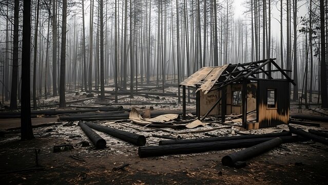 Burned wooden cabin in a charred forest with standing dead trees and scattered debris burned cabin - Powered by Adobe