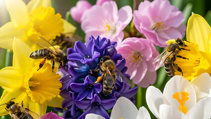 Buzzing Blooms: A close-up view of vibrant bees collecting nectar from colorful flowers, showcasing the harmony of nature.