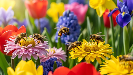 A Floral Symphony: Busy bees flit among a kaleidoscope of vibrant spring blossoms, collecting nectar amidst the symphony of colors. 