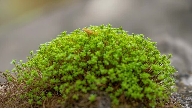 Camera pushing, showing shoots, green moss revealing erect tips on grey rock, fragment shifting