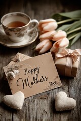 Mothers Day, Valentines Day, love holiday theme. A wooden table with a cup of tea, a gift box adorned with a ribbon.