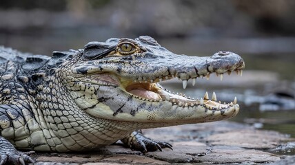 Fototapeta premium Close-Up Portrait of an Alligator at the Water's Edge with Detailed Scales and Sharp Teeth in its Natural Wetland Habitat for Wildlife Education