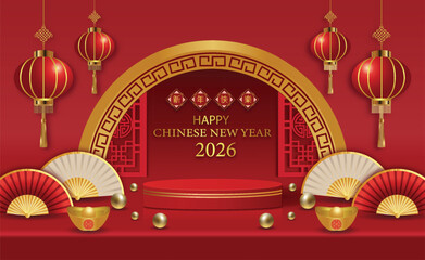 Festive Chinese New Year 2026 Red and Gold Celebration Stage