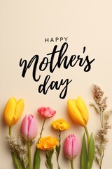Mothers Day, Valentines Day, love holiday theme. A vibrant display of tulips in yellow, pink, and white, set against a soft beige background.