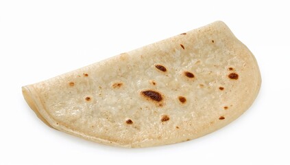 Single indian dosa, thin and crispy, folded in halfs with golden borders on white background