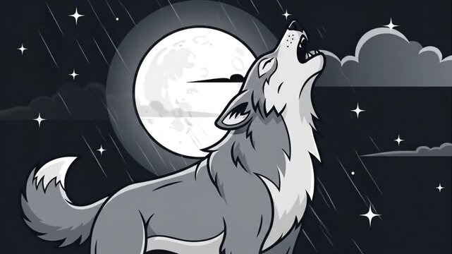 Animated Gray Wolf Howling at Full Moon on Dark Starry Night