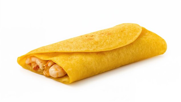 Closeup of vietnamese bnh xo turmeric crepe with shrimps and crispy edges on white background