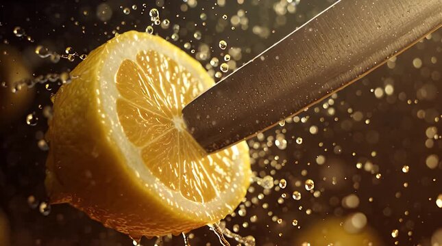 Cutting Fresh Lemon with Juice Spraying Slow Motion Video.