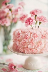 Mothers Day, Valentines Day, love holiday theme. A pastel pink cake adorned with delicate pink flowers on a white cake stand, set against a blurred background.